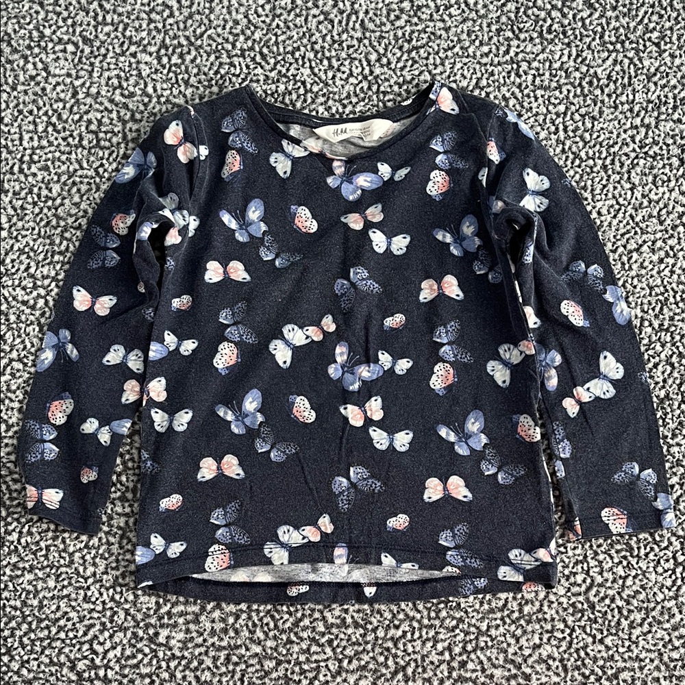 H&M Kids Long Sleeve Shirt with Butterfly Design Dark Blue & Bottoms Size 4T-6T